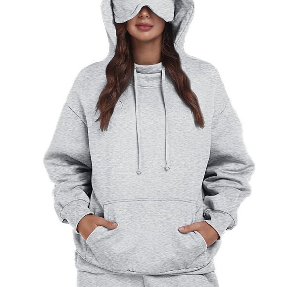 Tops - Oversized Fleece Hoodie with Built-in Eye Mask Travel Sleep Pullover Unisex